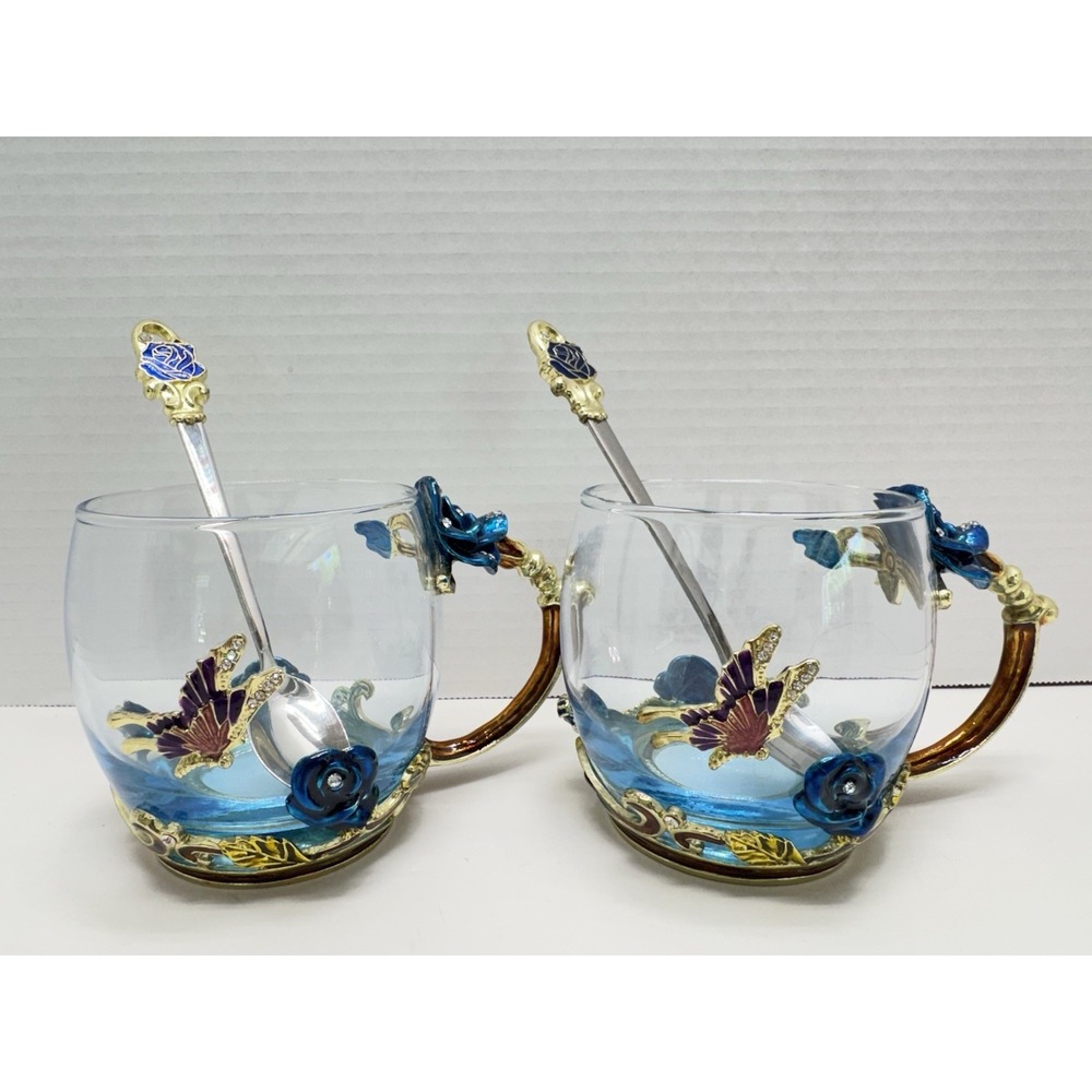 2 ARC of France Glass Tea Cup With Enamel Blue Rose Butterfly Stirring Spoons